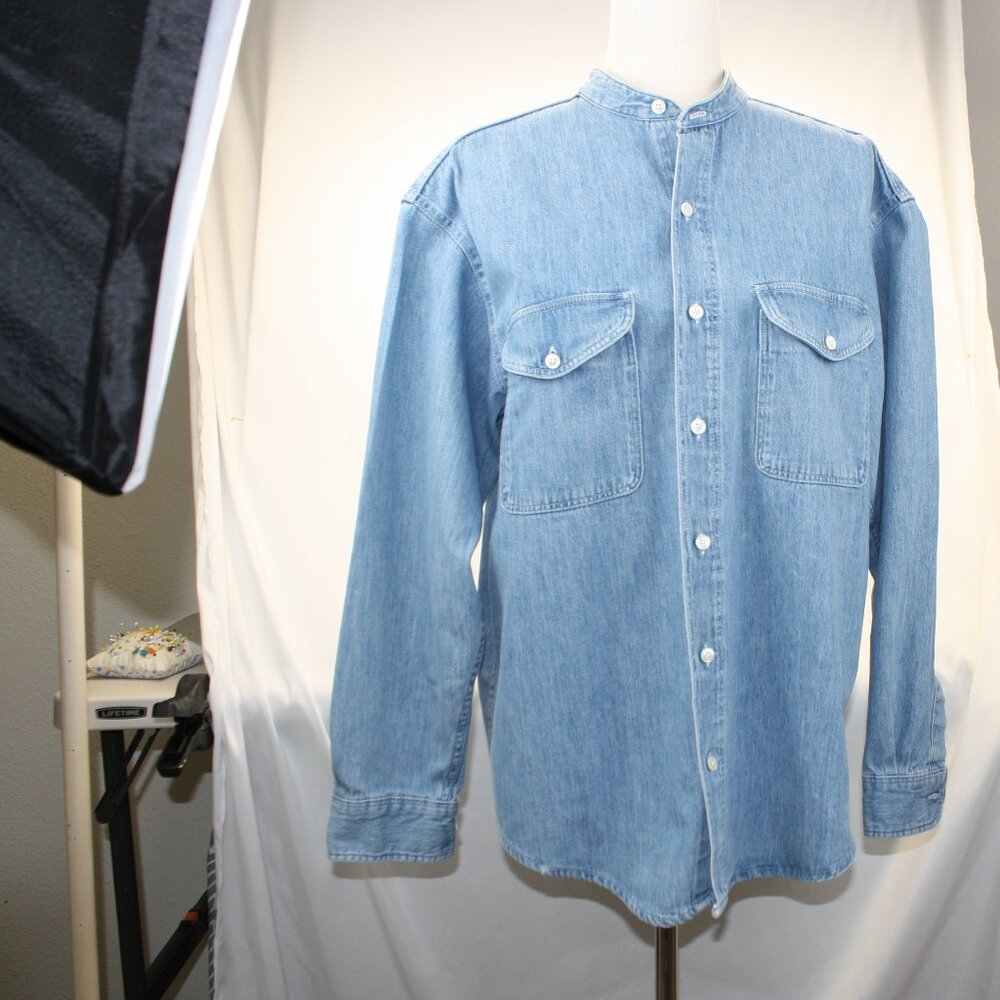 GAP Mens S Band Collar 2 Front Pockets Light Demin Long Sleeve